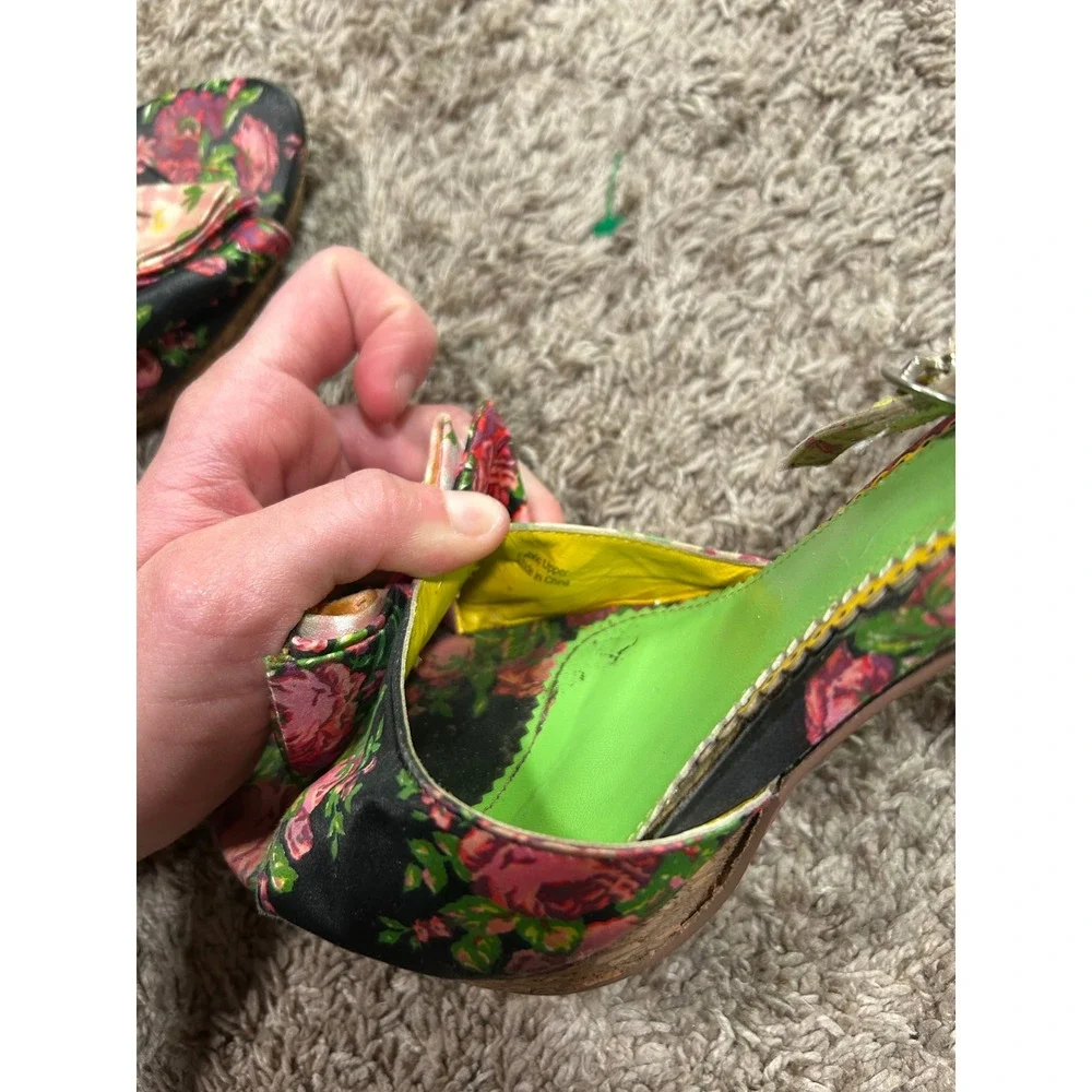 Vintage Y2K Betsey Johnson Floral Gingham Bow Sandals Cork Heel 8.5 Cottagecore